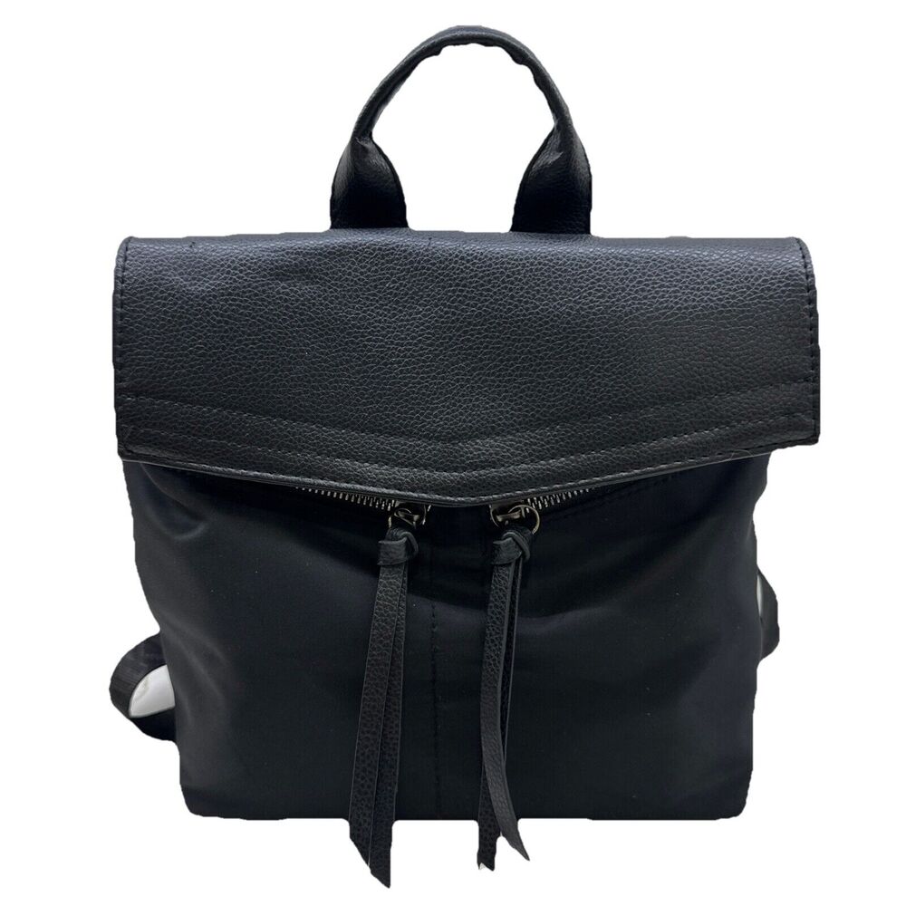Botkier New York Trigger Black Nylon Mini Backpack Bag Leather Flap Pockets EUC